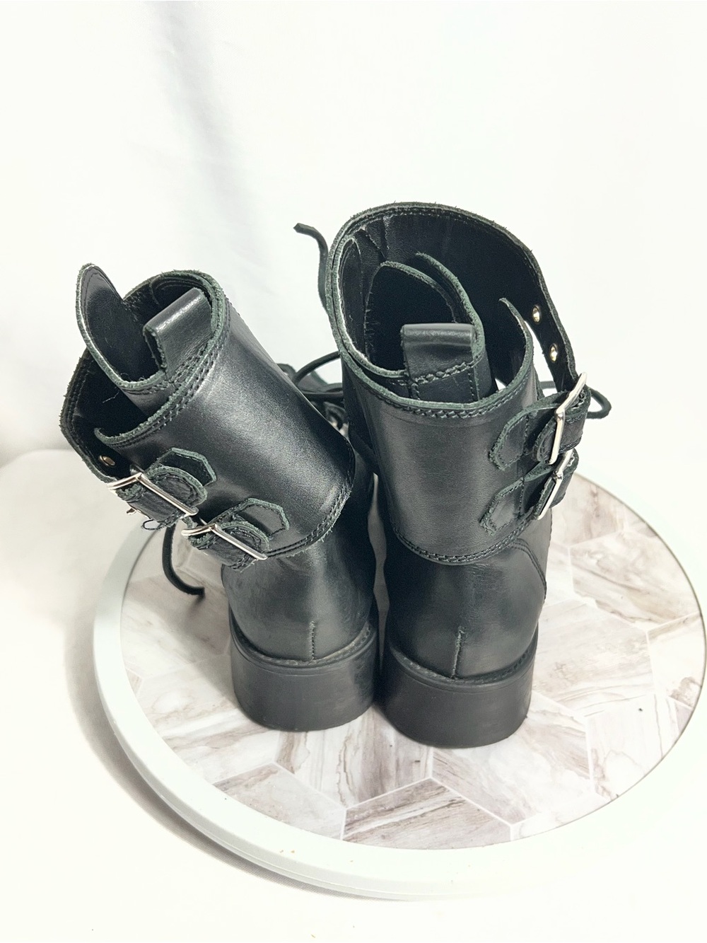 Zara Basic Collection Black Leather Combat Ankle Boots Women’s US 6 EU 36 - Picture 3 of 11